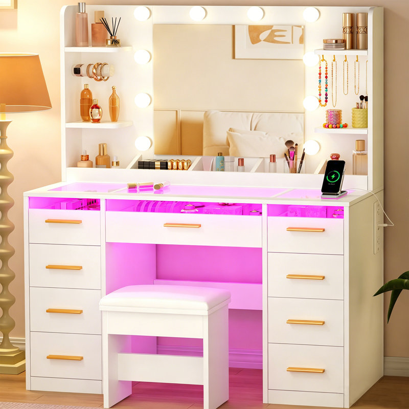 Adriel 43.3"W Makeup Vanity Desk With Lights, See-Through Desktop, Power Outlet