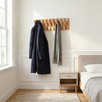 Portemanteau mural avec 9 crochets rétractables, organisateur de vestibule en bois massif peu encombrant pour vestes, sacs, serviettes et laisses