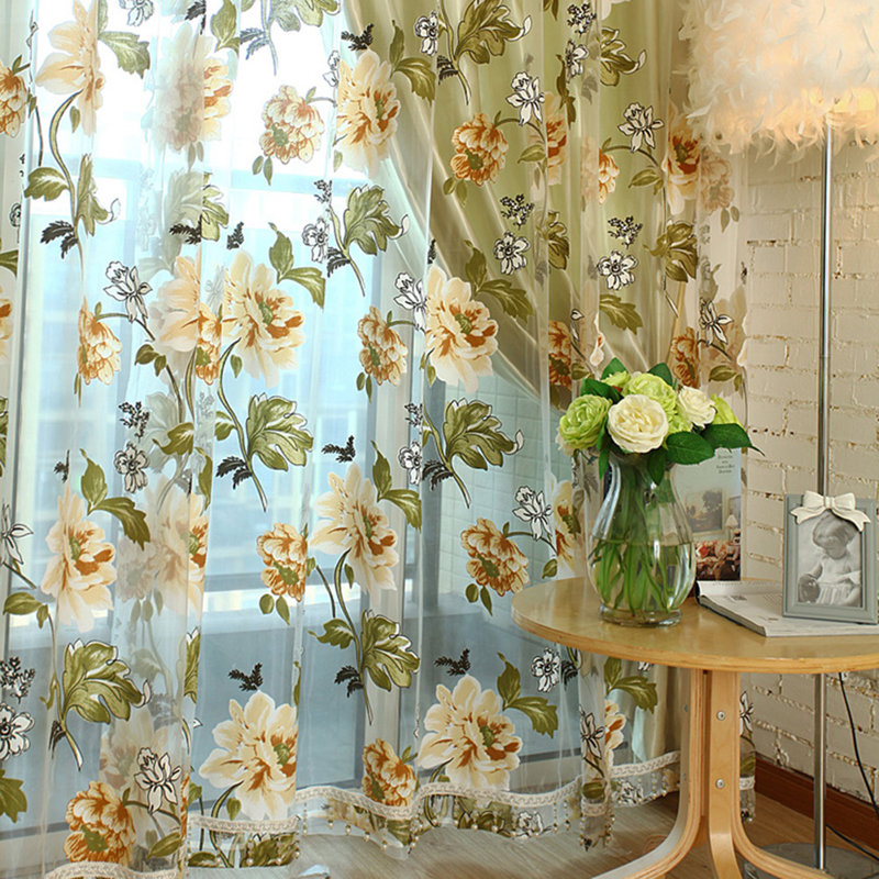 Rose Floral Sheer Voile Curtains With Pendant Beads,Flower Tulle Transparent Window Treatment With Beads For Living Room Bedroom, 39 × 79 Inch Each, 2 Panels/set