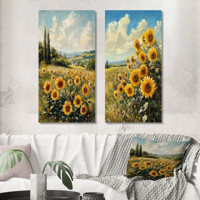 «White Meadow of Sunflowers I» - art mural floral 2 pièces