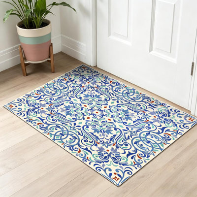 Blue Machine Washable,Turkish Colorful Can for Tile Wallpaper Moroccan Morocco Floral Ornament Indoor Area Rug