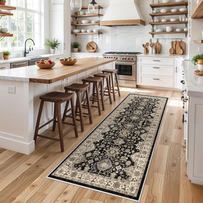 Washable Hallway Rug: Non Slip Rugs with Rubber Backing Soft Kitchen Rug Farmhouse Distressed Carpet Runner for Living Room Bedroom Bathroom (Black)