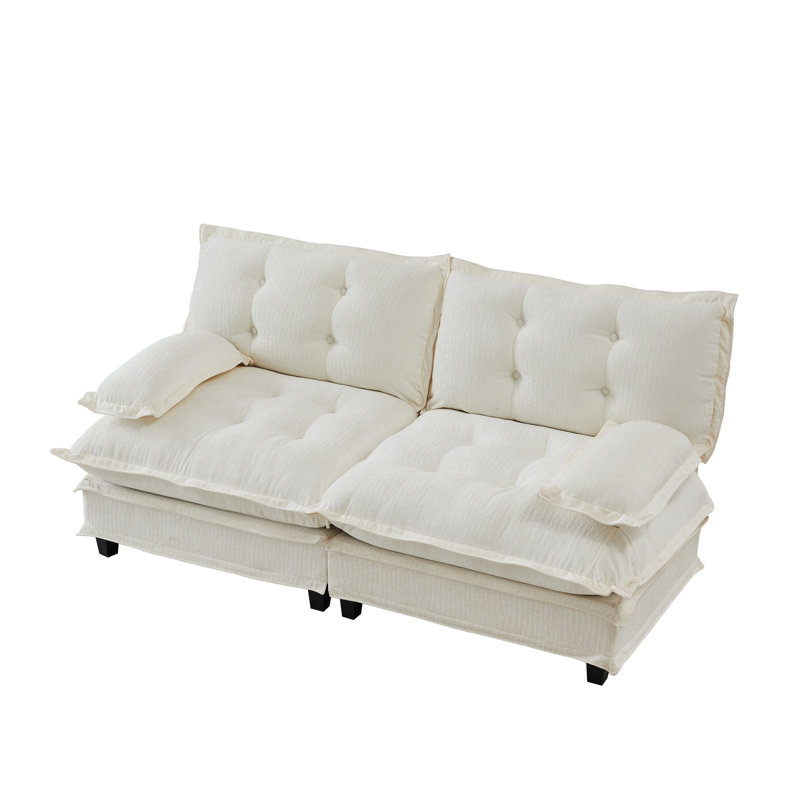 Canapé modulaire 2 places avec canapé à assise profonde en chenille et coussins en treillis Cloud, Chenille beige