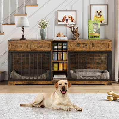 Meuble double pour 2 chiens de grande taille - Chenil d'intérieur en bois robuste, meuble télé avec 4 tiroirs de rangement et tablettes ouvertes - Lit pour animal très spacieux - 82 po - Couleur classique