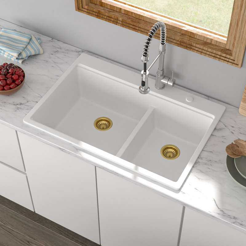 33 Inch Drop-In Granite Composite Kitchen Sink Workstation 60/40 Double Bowl Quartz Kitchen Sink, White