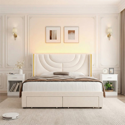 Ensemble de chambre à coucher 3 pièces, lit tapissier à lumière ambiante avec 2 tiroirs et 2 tables de chevet classiques