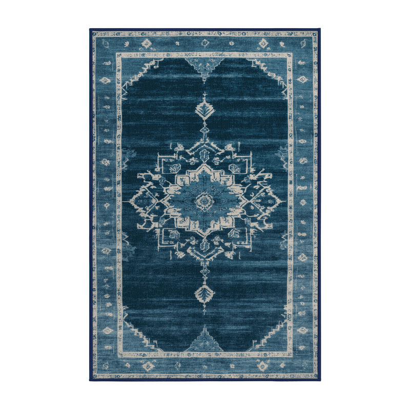 Machine Washable Overdyed Blue Area Rug, Rectangle 7' x 9'