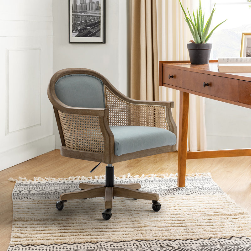 Xaver 50.8cm W Farmhouse Swivel Barrel Task Chair with Rattan Arms, Blue