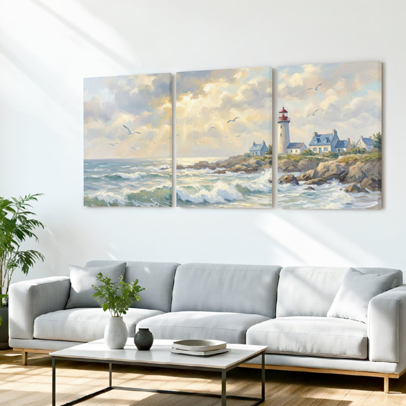 Ensemble de 3 tableaux sur toile représentant un phare au bord de la mer et des vagues de l'océan, H 30 po x l 60 po
