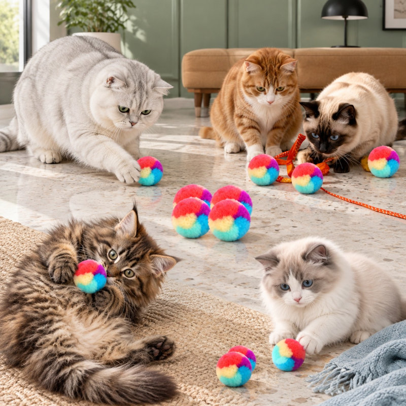 Ensemble de 30 balles en peluche arc-en-ciel pour chat, balles pompon douces et duveteuses de 3 cm pour le jeu et l'exercice des chatons