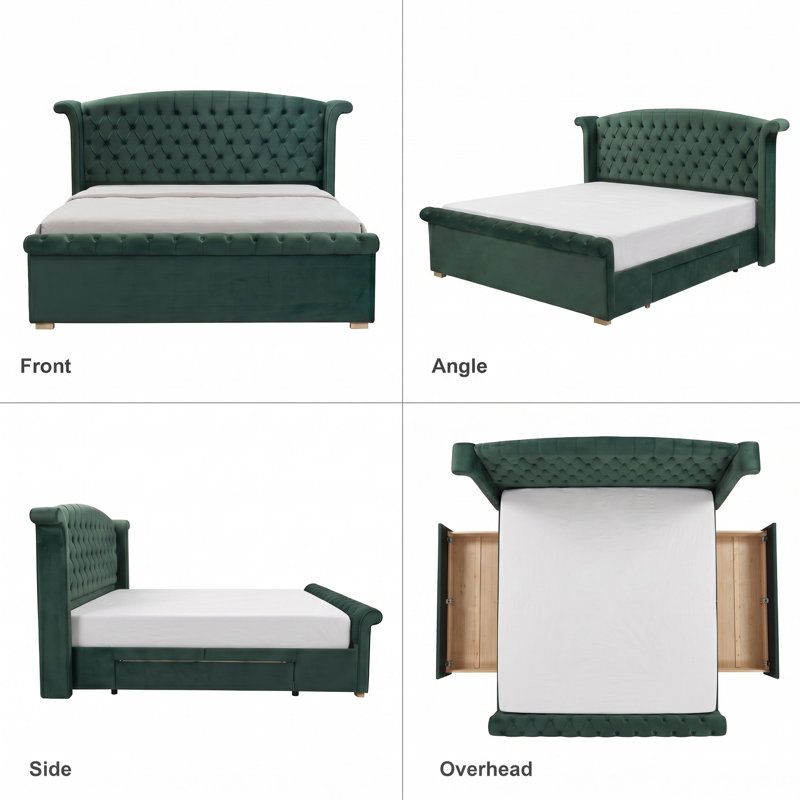Wingback Tufted Upholstered Sleigh Bed with 2 Storage Drawers, King, Green Velvet, King, Green