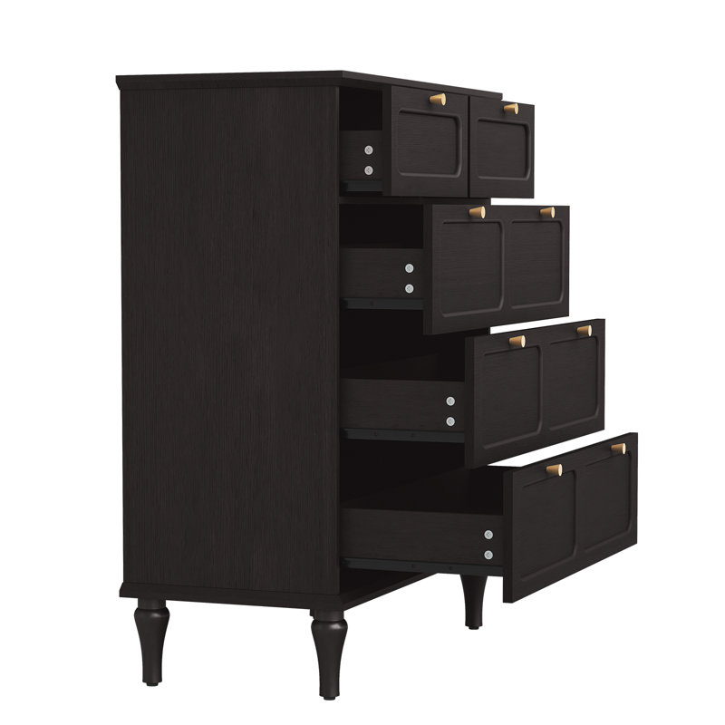 Commode 5 tiroirs avec design Mid-Century pour chambre à coucher, noir, Noir