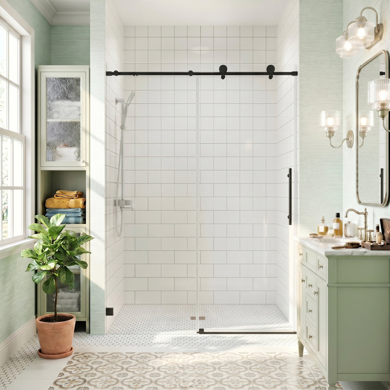 Porte de douche coulissante simple sans cadre de 46 à 48 po x H 76 po, verre trempé épais de 8 mm avec mécanisme de fermeture en douceur
