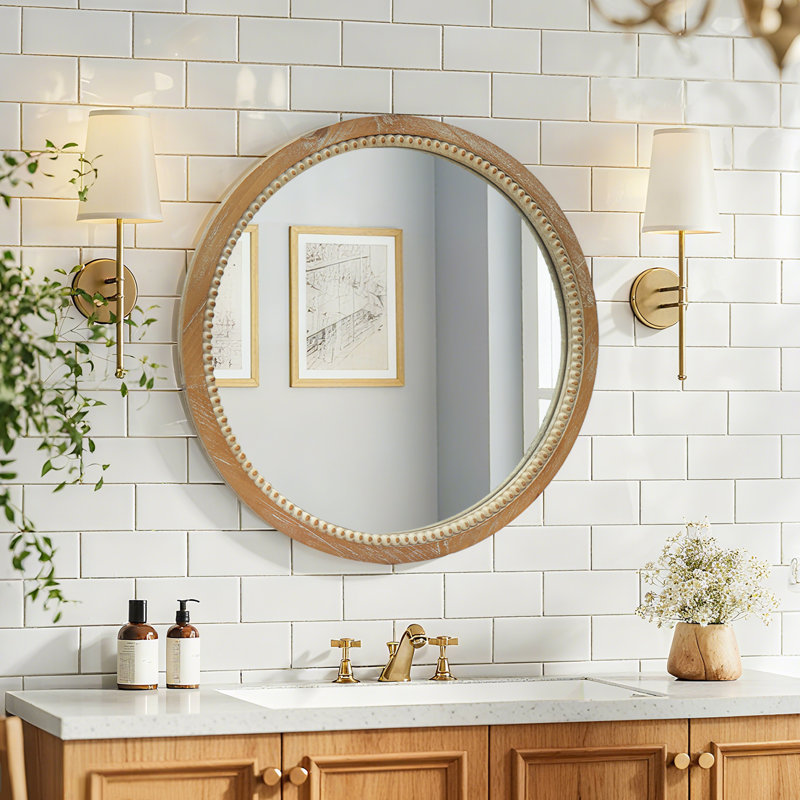 Round Distressed Wood Beaded Wall Mirror, Wood