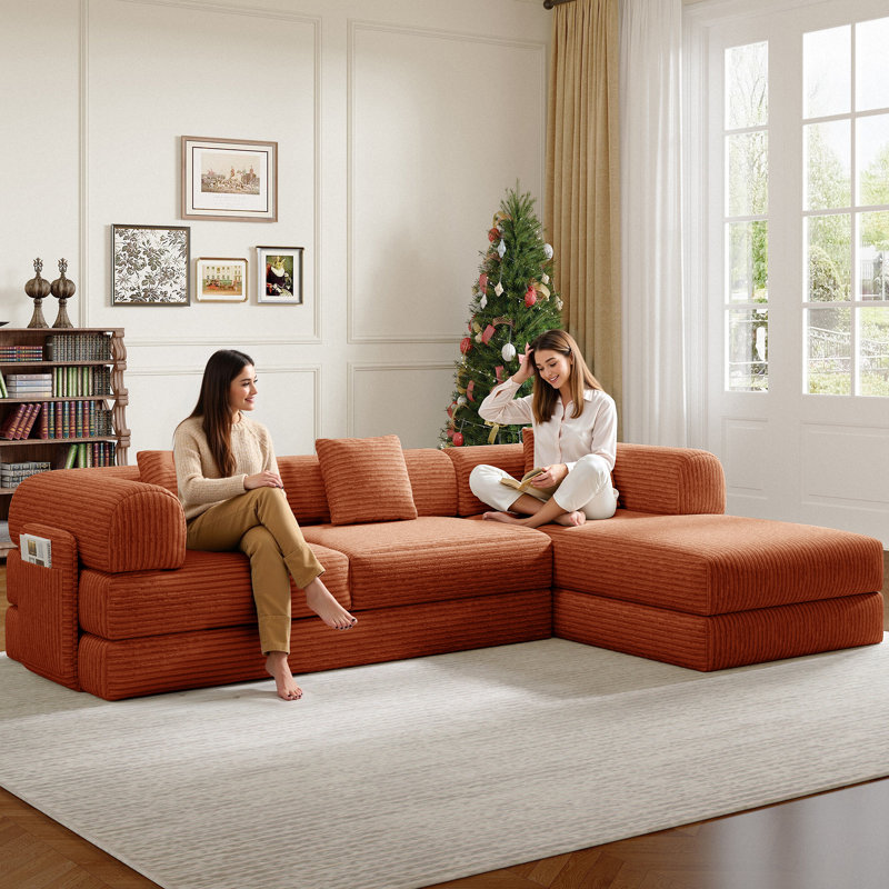 Boneless 106.3" L-Shaped Cloud Sectional Sofa with Oversized Chaise.Modern Convertible Lounge Chair, Corduroy Fabric, Square Platform Design with Metal Frame, Floor Sofa Bed with Fixed-Shape Frame,Living Room Seating with Armrest  Orange