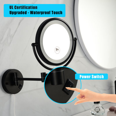 Miroir hygiénique mural à double grossissement de 8 pouces à DEL avec 12 grossissements, noir mat, grossissement 1 / 3x, rotation de 360 degrés, bouton de rasage imperméable