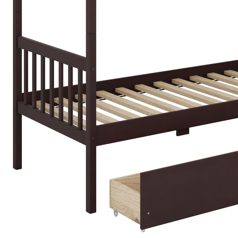 Lit superposé en bois avec 2 tiroirs, avec échelle et garde-corps, convertible en 2 lits, Espresso