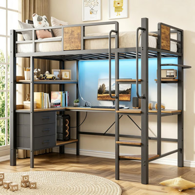 Lit mezzanine simple avec bureau et escalier, lit mezzanine robuste avec lumières DEL RVB, station de charge, 3 tiroirs de rangement en tissu et 2 tablettes ouvertes, aucun sommier nécessaire - noir