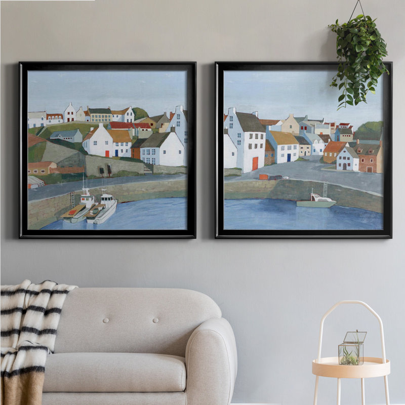 Ensemble de 2 cadres photo Old Coast Town I Old Coast Town I, H 30,5 po x l 61 po x P 1,5 po, Toile avec cadre noir
