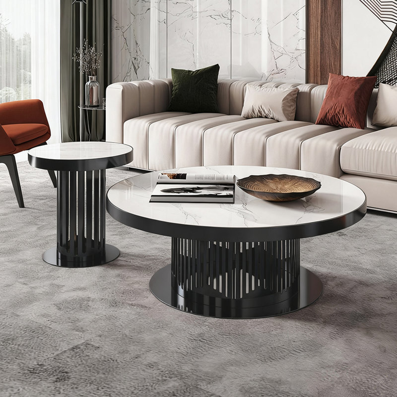 Ensemble de tables basses rondes luxueuses de style italien, H 15 po x L 35,4 po x l 35,4 po, Noir