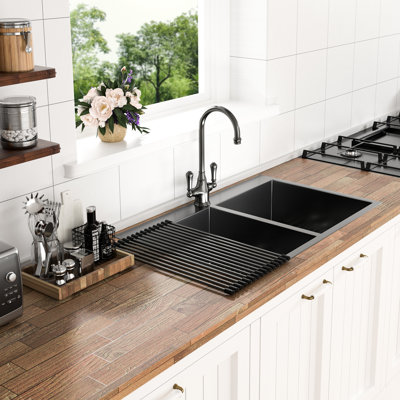 Gunmetal Black Double Bowl Drop In Sink - 33X22, 18 Gauge Stainless Steel, Quality Assurance Steel 33"X22" Black, Bowl, Elegant Basin Kitchen