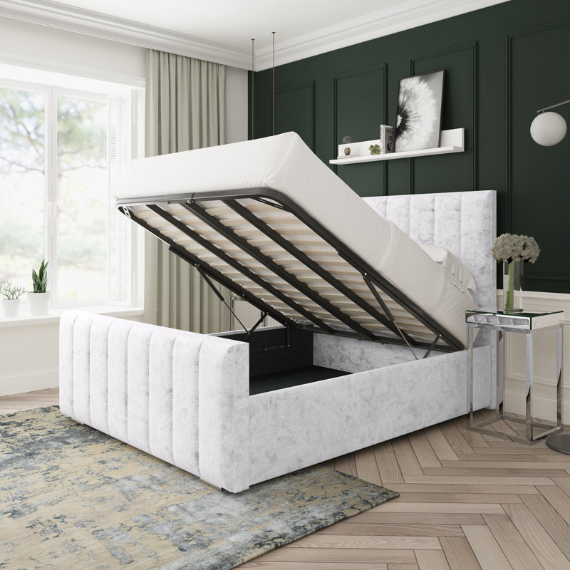 Oakley Crushed Velvet Upholstered Ottoman Bed Frame, White, Super King (6')