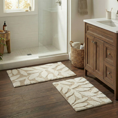 Ensemble de tapis de salle de bain 2 pièces - Tapis de bain 100% coton 35 x 22 pouces et 25 x 18 pouces avec imprimé de feuilles botaniques texturées pour décoration de salle de bain Bohème - Tapis de bain tapis antidérapants lavables par (naturel)