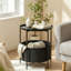 Petite table d'appoint ronde noire avec panier de rangement amovible et plateau de service, table d'appoint moderne pour salon, chambre d'enfant, structure en acier robuste et panier en tissu