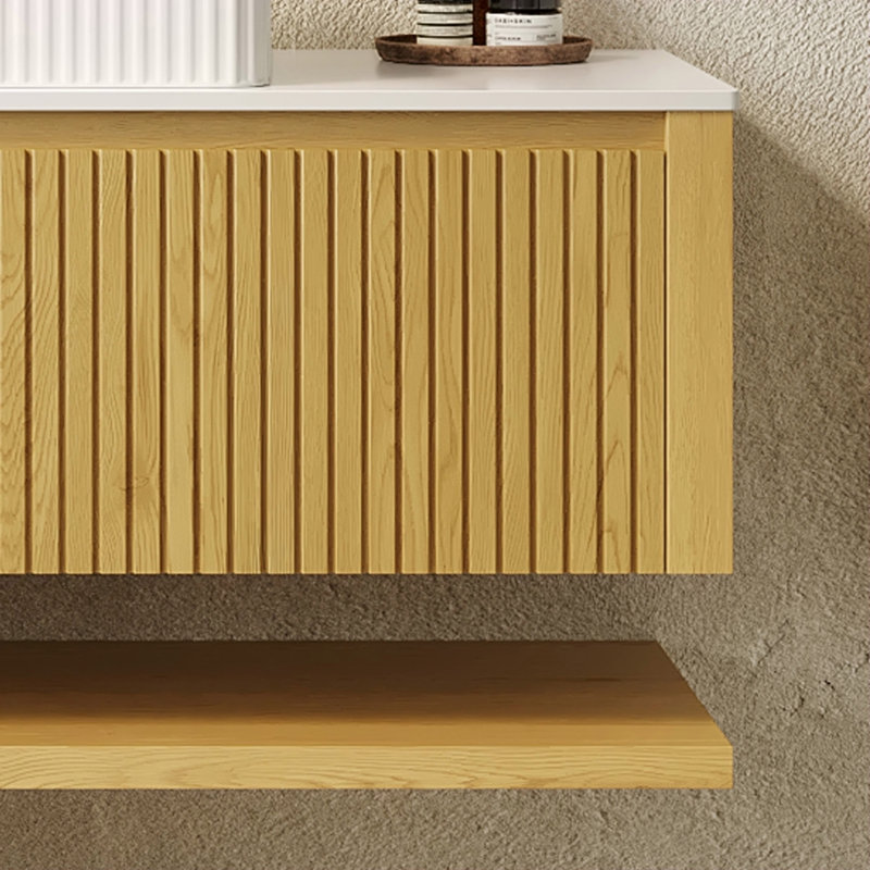 Armoire de rangement murale de 48 po avec tiroir et tablette en bois de grain de bois de chêne et corolla Hizon, comptoir en pierre frittée blanche