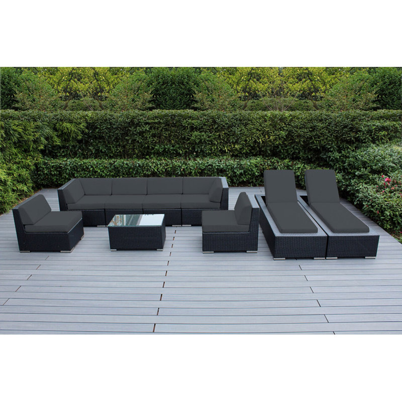 Ensemble de conversation modulaire en rotin avec coussins 9 pièces Barna - aucun assemblage requis, Noir