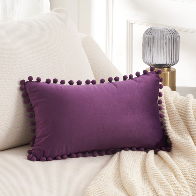Pom Pom Velvet Pom Pom Velvet Lumbar Pillow Cover, Purple