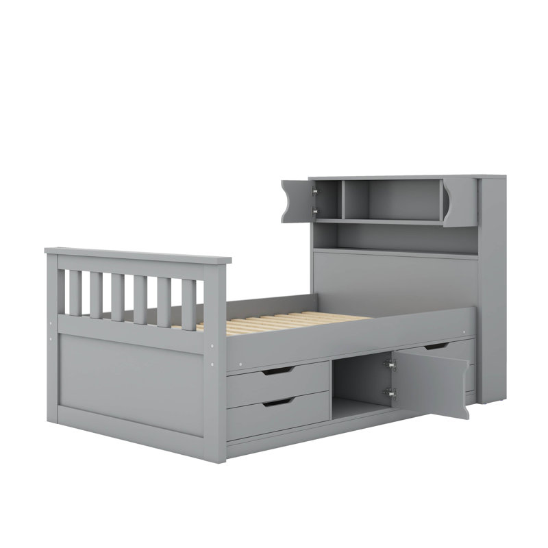 Base de lit plateforme simple avec bibliothèques, étagères et tiroirs, Gris