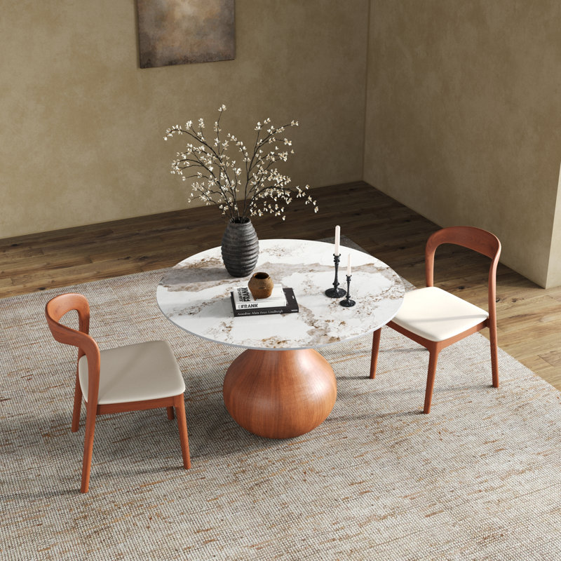 Otelia Stone Top Dining Set, 39", Glossy Amber + Red Walnut Base + Cream Chairs, 5 Pieces: Table, 4 Chairs