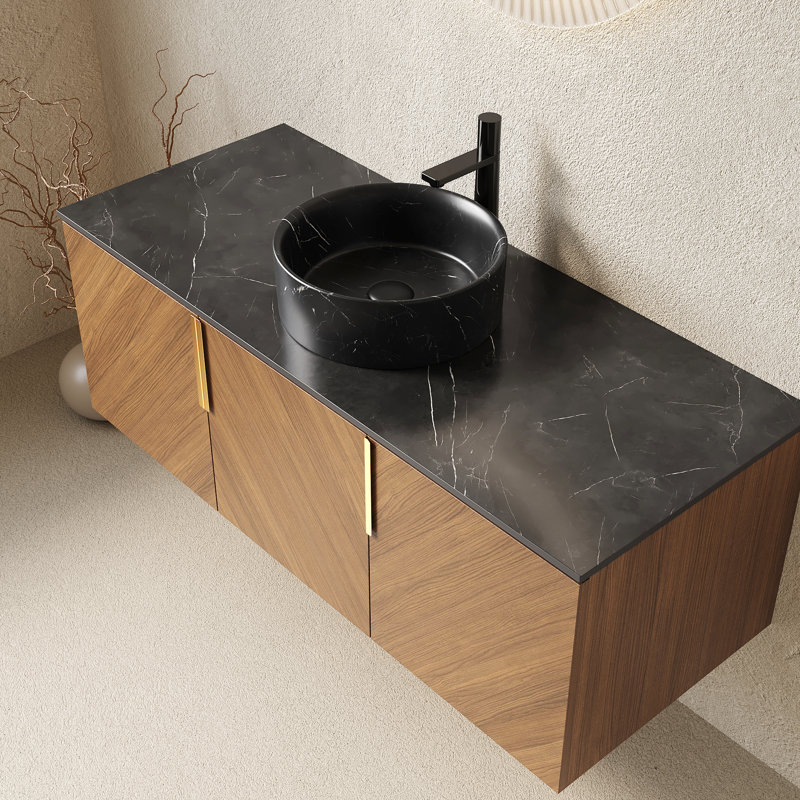 Meuble-lavabo 48 po, comptoir en pierre frittée noire, chêne brun, assemblage facile, lavabo à fermeture en douceur avec lavabo rond en céramique, motif, finition grain de bois, grand rangement