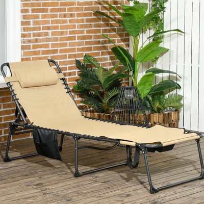 Chaise longue pliante avec dossier inclinable à 5 niveaux, fauteuil de bronzage extérieur avec trou pour le visage de lecture, chaise longue extérieure avec poche latérale et appui-tête pour la plage, la cour, le patio, le beige