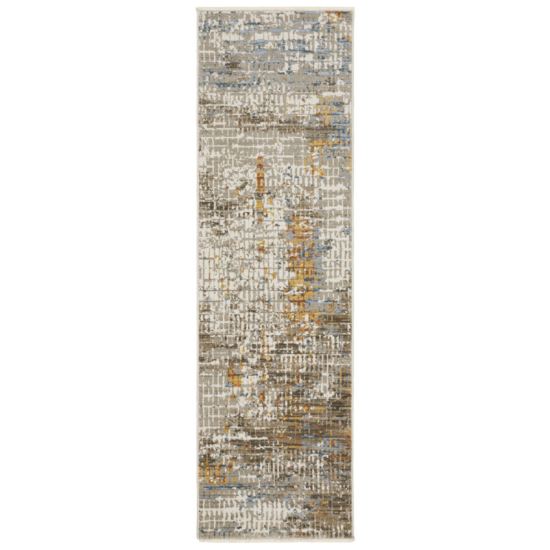Tapis rectangulaire abstrait tissé à la machine en beige / or / bleu, Tapis de couloir 2 pi 3 po x 7 pi 6 po