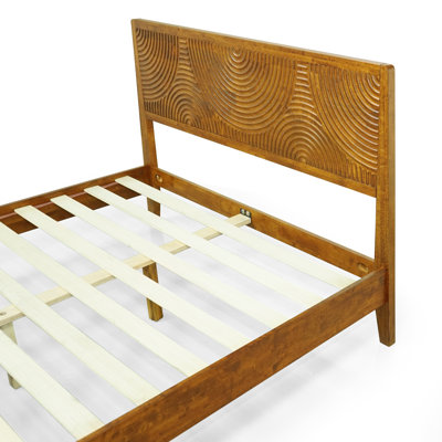 Solid  Wood Platform Bed Frame with Headboard – Mid-Century Modern Style, Carved Wood Grain, Easy Assembly with Smart Tool, No Box Spring Needed