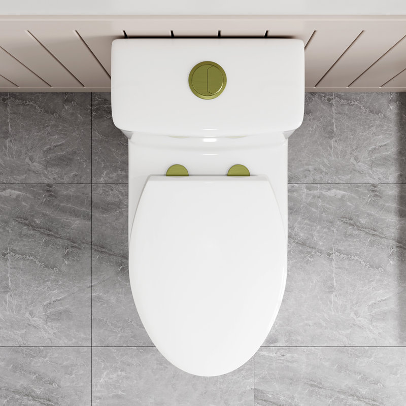 Poseidon Dual-Flush Elongated One-Piece Toilet (Seat Included), Pure White/Gold