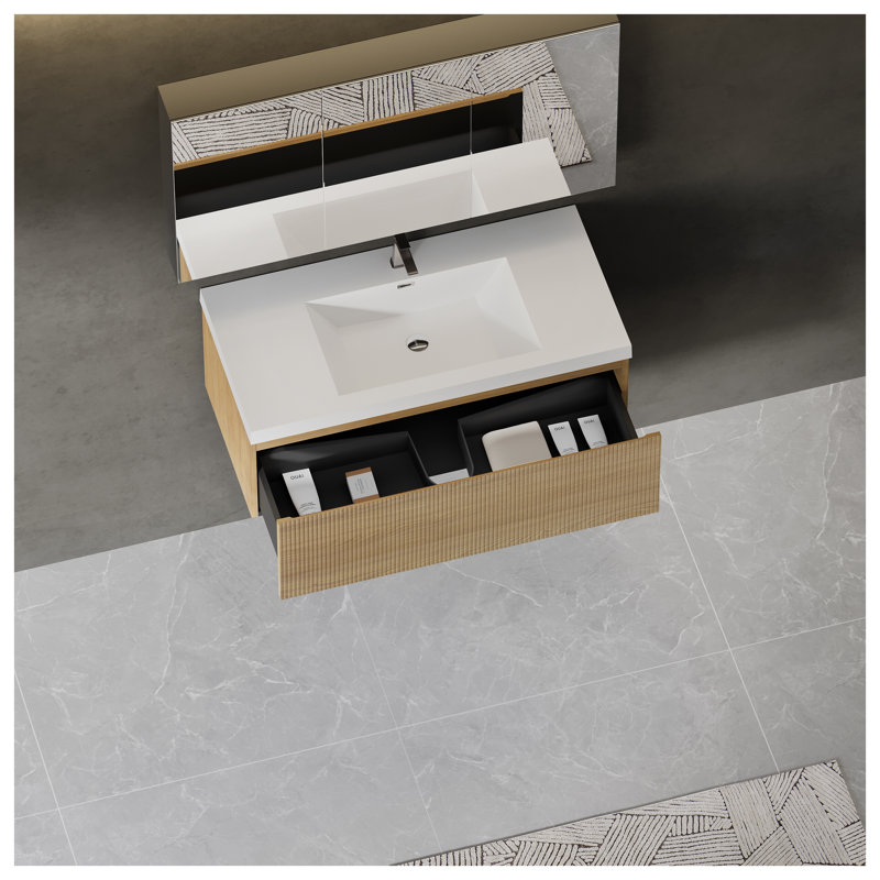 Meuble-lavabo flottant 42 po avec lavabo, armoire de rangement murale, tiroir à fermeture en douceur, lavabo à surface solide blanc brillant, finition chêne naturel