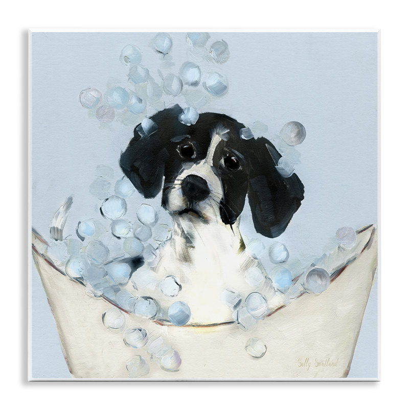 Plaque murale chiot noir et blanc dans la baignoire, design par Sally Swatland