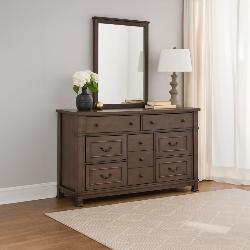 Commode large Huder, 9 tiroirs, bois de noyer foncé brun, noir