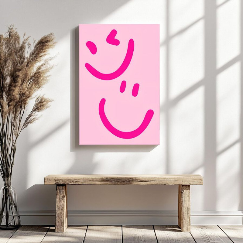 Impression sur toile encadrée de 1 pièce, motif abstrait de visage souriant, lignes géométriques roses, art mural de style minimaliste moderne, décoration murale, parfait pour la décoration de chambre salon chambre bureau cuisine salle de bain décor à la maison, décoration murale rustique et moderne idéale pour la maison