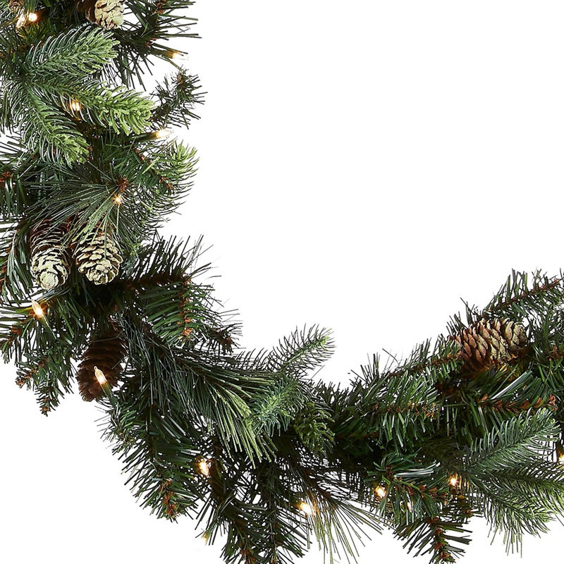 Guirlande de Noël artificielle pré-éclairée en pin 9 pi 9 pi, décoration de Noël avec pommes de pin, 100 lumières DEL blanc chaud, 240 pointes, minuterie, vert
