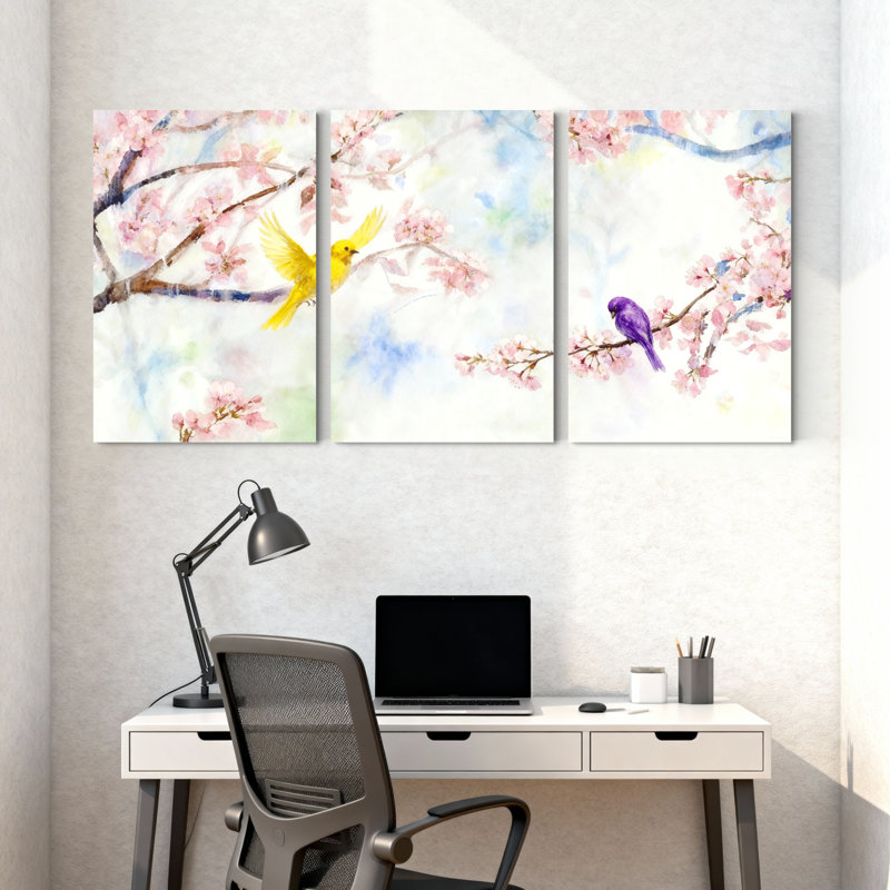 «Birds Cherry Blossoms Birds Spring», ensemble de 3 impressions sur toile, H 18 po x l 36 po
