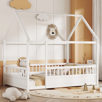 Lit double pleine grandeur en bois avec clôture et structure de toit, lit pour enfants Montessori, blanc