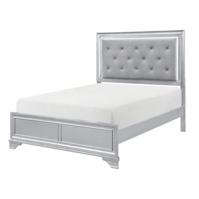 Mobilier de chambre à coucher contemporain avec tête de lit capitonnée à finition argentée et lumière DEL Glam