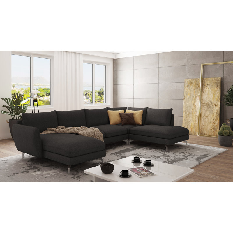 Modern U-Shape Kimo Corner Sofa with Silver Metal Legs, Graphite, Left Hand Facing