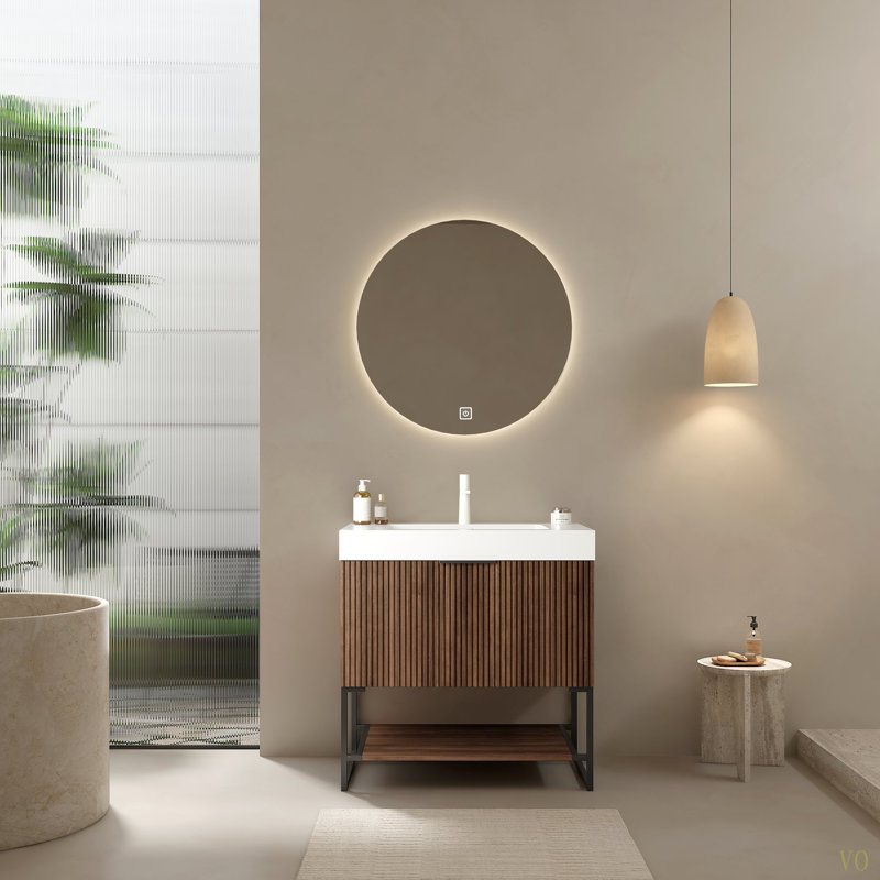 Meuble-lavabo 30 po avec lavabo, armoire de rangement autoportante en contreplaqué rayé avec tiroir et tablette ouverte, lavabo intégré rectangulaire sans robinet, pré-assemblé