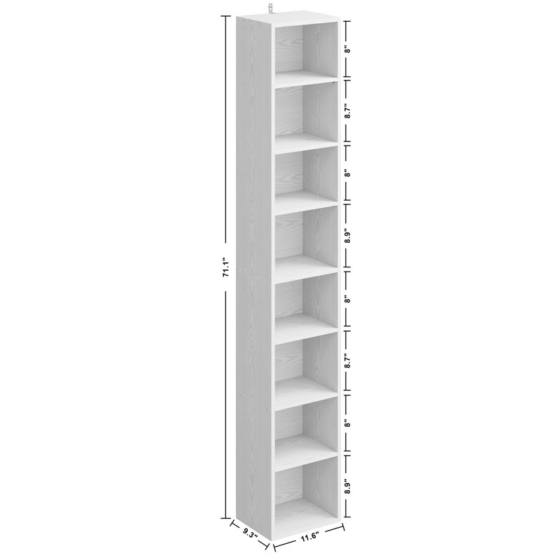 Narrow Design Storage,8-layer Thin High Bookcase With Open Adjustable Shelves,cube Display Rack, White
