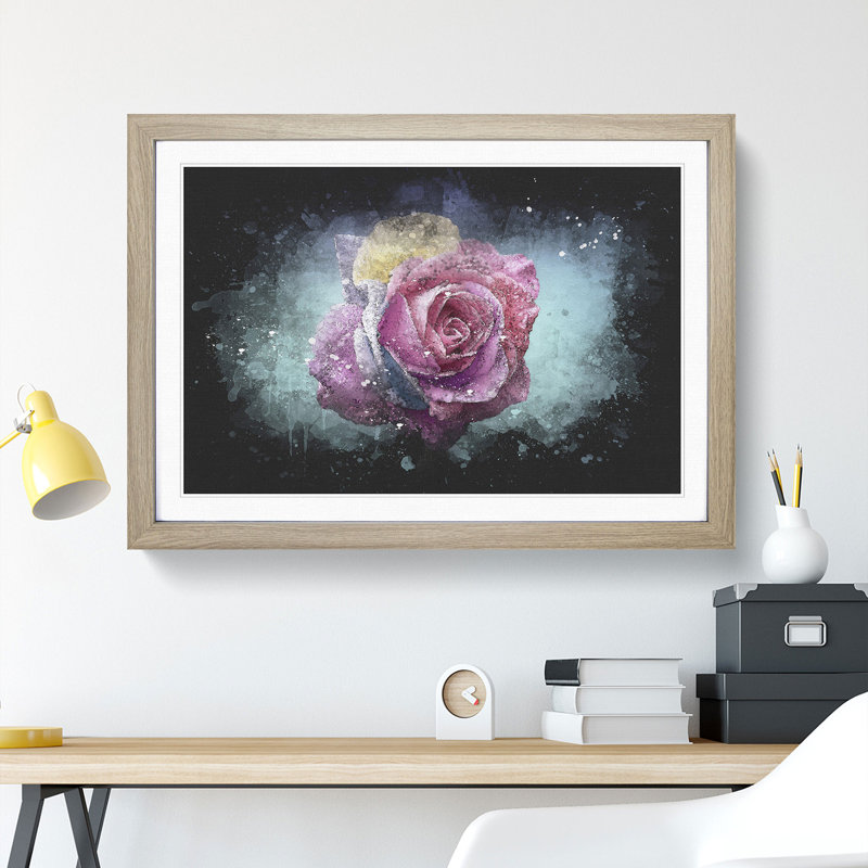 Multi-Coloured Rose Flower - Picture Frame Graphic Art Print, 24cm H x 33cm W x 2cm D, Oak Framed